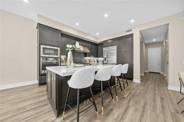 kitchen with built in appliances, visible vents, light countertops, a large island, and decorative backsplash