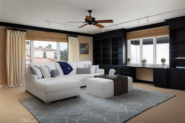 living area featuring ceiling fan, light colored carpet, track lighting, and plenty of natural light