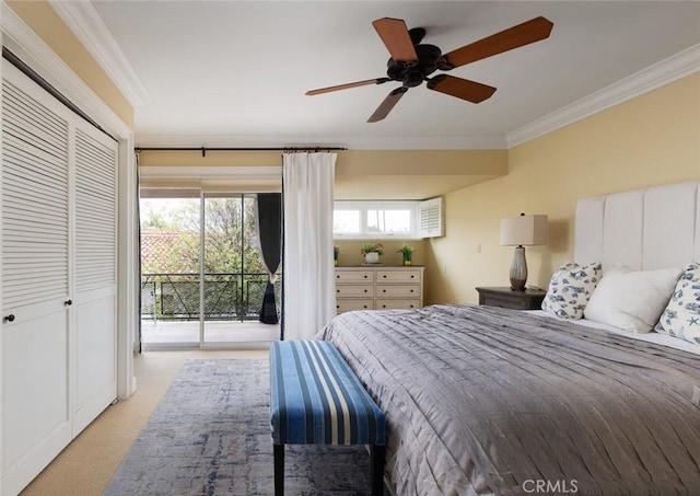 bedroom featuring light colored carpet, ornamental molding, ceiling fan, and access to exterior