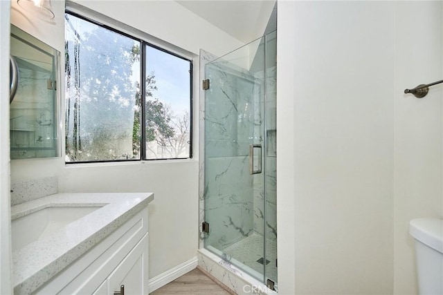 bathroom with hardwood / wood-style flooring, an enclosed shower, and vanity