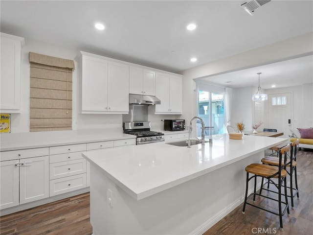 kitchen with an island with sink, stainless steel gas range, light countertops, under cabinet range hood, and a sink