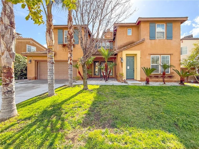 view of front of house featuring stucco siding, a front lawn, a garage, and concrete driveway