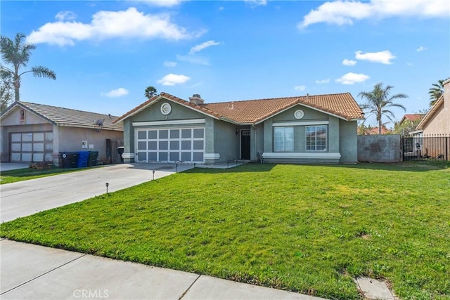 ranch-style home with driveway, an attached garage, stucco siding, a tile roof, and a front yard