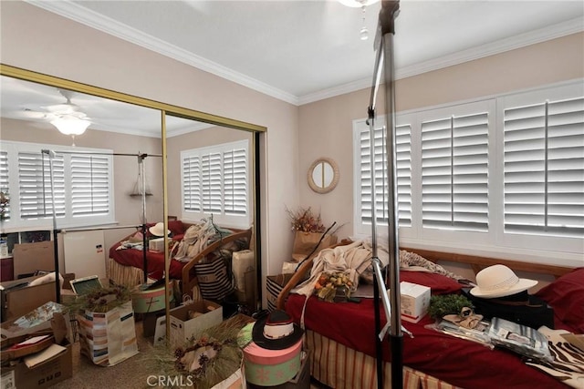 dining area featuring crown molding and ceiling fan