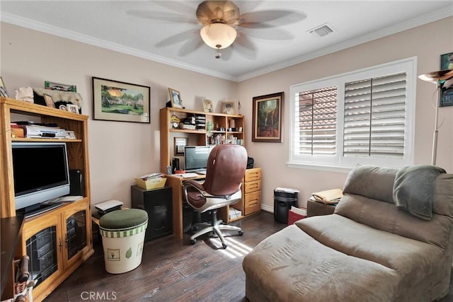 office area featuring visible vents, dark wood-style flooring, ornamental molding, and ceiling fan