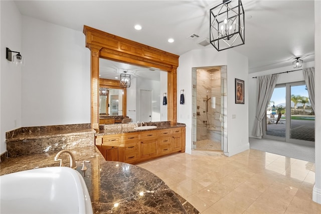43840 E Vallejo Ave, Temecula, CA 92592 - full bathroom with a stall shower, vanity, a chandelier, recessed lighting, and a bathtub