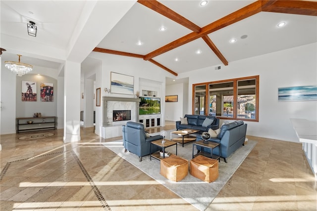 43840 E Vallejo Ave, Temecula, CA 92592 - living area with baseboards, inlaid floor details, a chandelier, recessed lighting, and a fireplace