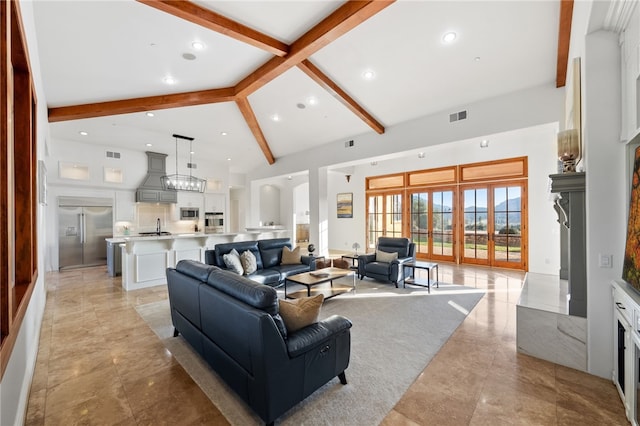 43840 E Vallejo Ave, Temecula, CA 92592 - living area with beam ceiling, recessed lighting, and high vaulted ceiling
