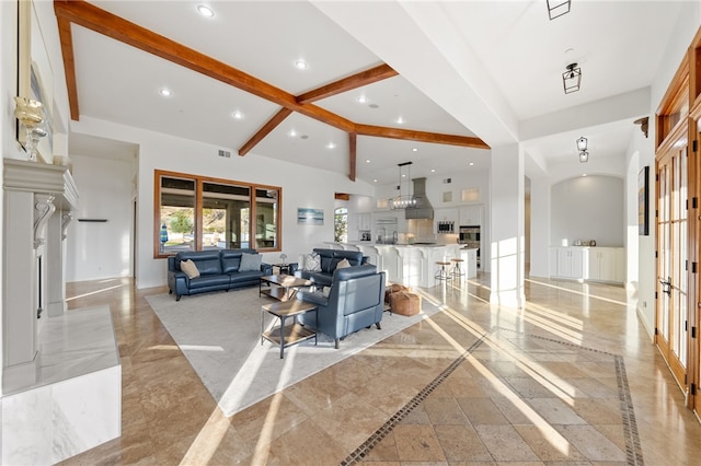 43840 E Vallejo Ave, Temecula, CA 92592 - living room with beam ceiling, inlaid floor details, and recessed lighting
