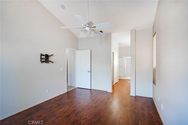 773 Camino De Plata, San Jacinto, CA 92583 - unfurnished bedroom with a ceiling fan, high vaulted ceiling, and dark wood-style floors