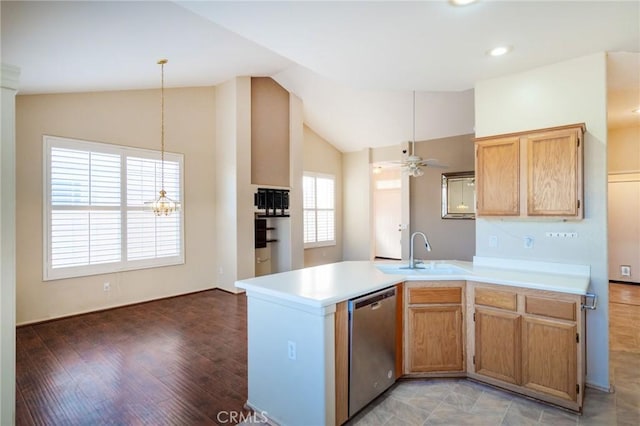 773 Camino De Plata, San Jacinto, CA 92583 - kitchen with a sink, light countertops, pendant lighting, a peninsula, and stainless steel dishwasher