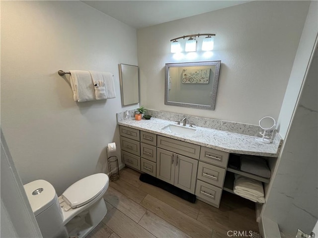 bathroom featuring vanity, wood finished floors, and toilet