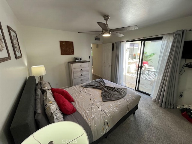 carpeted bedroom featuring ceiling fan, access to outside, and visible vents