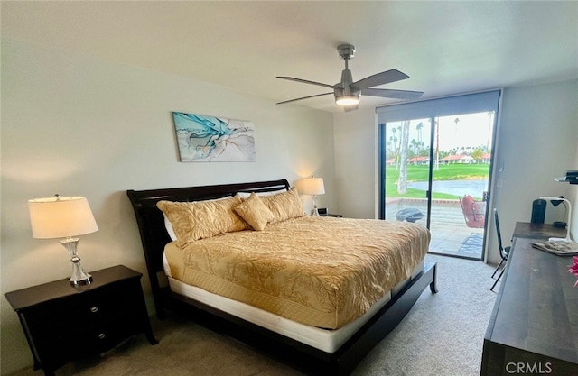 carpeted bedroom with ceiling fan and access to outside