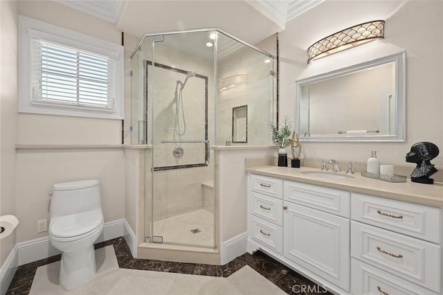 627 W Palm Dr, Arcadia, CA 91007 - full bathroom with ornamental molding, baseboards, a stall shower, vanity, and toilet