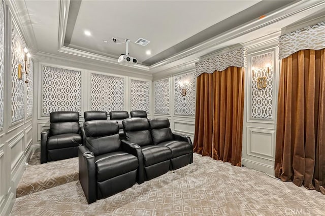 627 W Palm Dr, Arcadia, CA 91007 - carpeted cinema featuring a decorative wall, ornamental molding, a tray ceiling, and recessed lighting