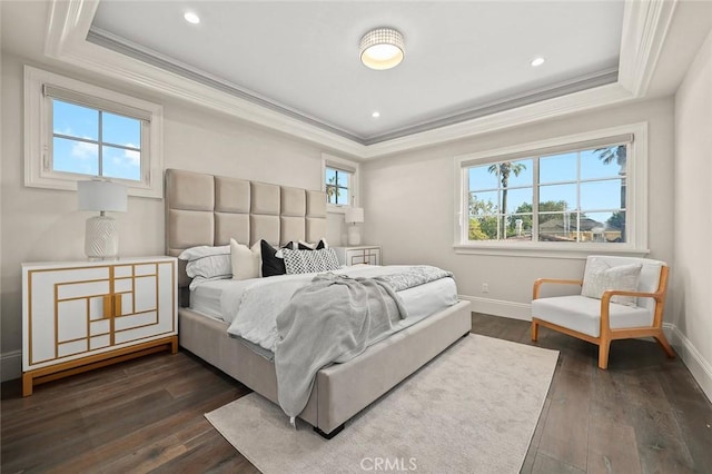 627 W Palm Dr, Arcadia, CA 91007 - bedroom with a tray ceiling, ornamental molding, dark wood-type flooring, baseboards, and recessed lighting