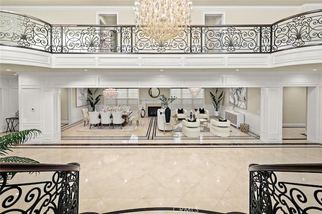 627 W Palm Dr, Arcadia, CA 91007 - bar featuring a decorative wall, a chandelier, a high ceiling, and ornamental molding