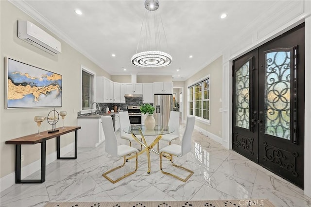 627 W Palm Dr, Arcadia, CA 91007 - dining area with a wall mounted air conditioner, french doors, light marble finish floors, ornamental molding, and recessed lighting