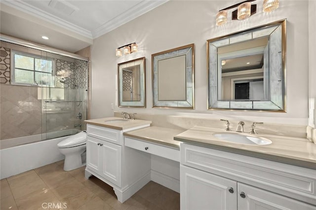 627 W Palm Dr, Arcadia, CA 91007 - bathroom with ornamental molding, double vanity, toilet, enclosed tub / shower combo, and tile patterned flooring