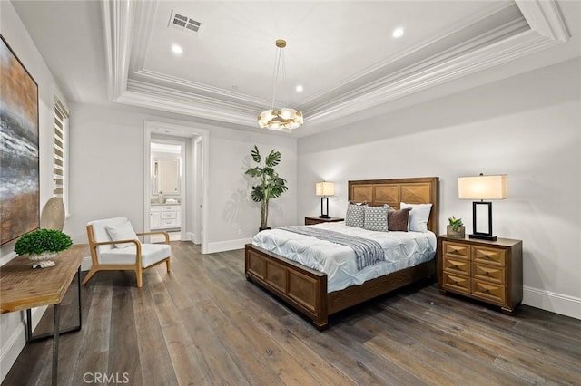 627 W Palm Dr, Arcadia, CA 91007 - bedroom featuring a raised ceiling, ornamental molding, dark wood finished floors, baseboards, and recessed lighting