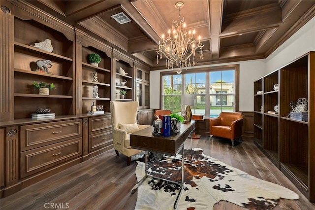627 W Palm Dr, Arcadia, CA 91007 - living area featuring ornamental molding, a chandelier, dark wood-style flooring, coffered ceiling, and an office area