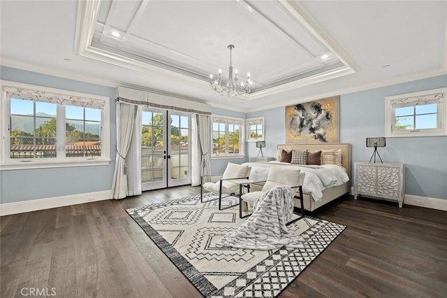 627 W Palm Dr, Arcadia, CA 91007 - bedroom featuring ornamental molding, access to exterior, a chandelier, multiple windows, and baseboards