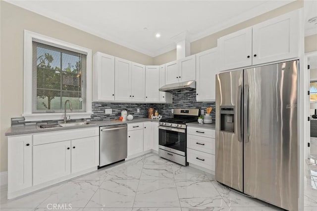 627 W Palm Dr, Arcadia, CA 91007 - kitchen with stainless steel appliances, under cabinet range hood, a sink, light marble finish flooring, and ornamental molding