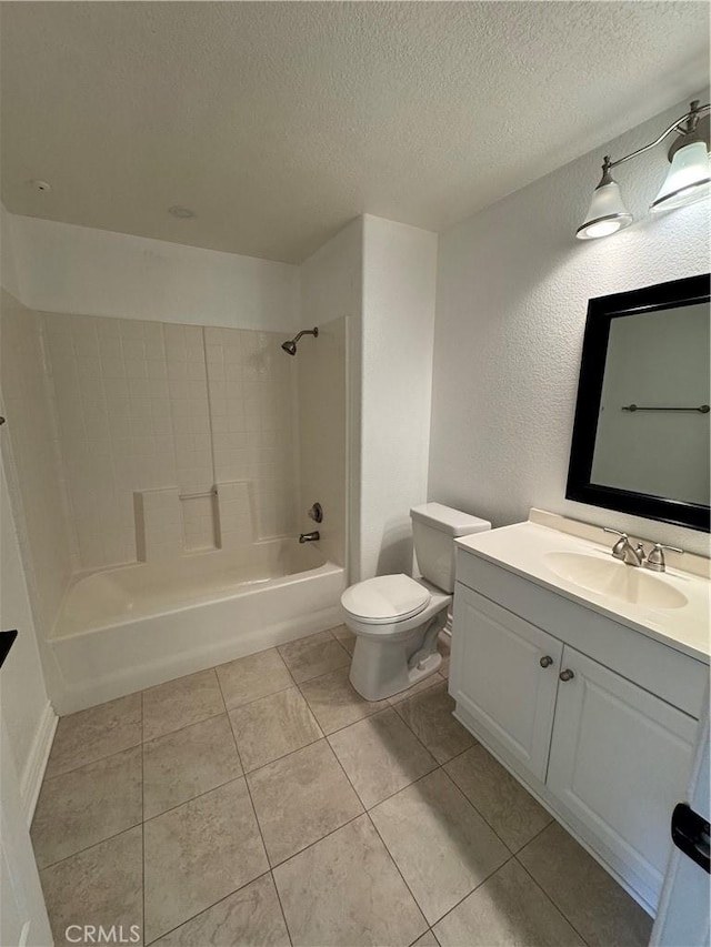 full bath featuring vanity, tile patterned flooring, a textured ceiling, bathing tub / shower combination, and toilet