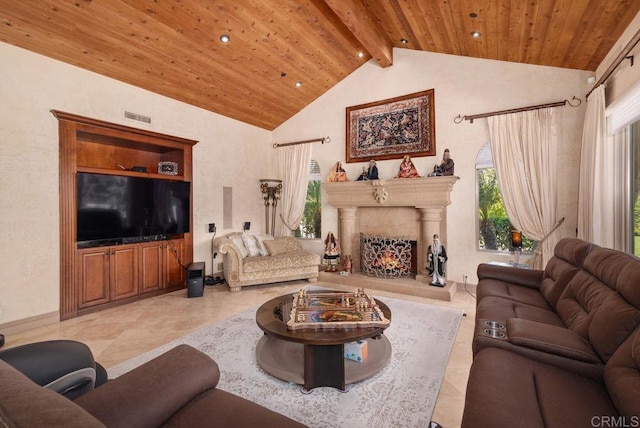 living room with light tile patterned floors, visible vents, wooden ceiling, a lit fireplace, and beamed ceiling