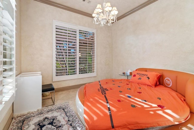 tiled bedroom with an inviting chandelier and ornamental molding