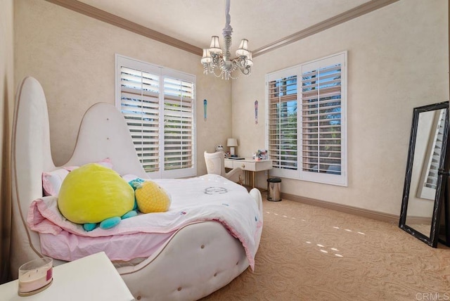 bedroom with baseboards, light carpet, a chandelier, and crown molding