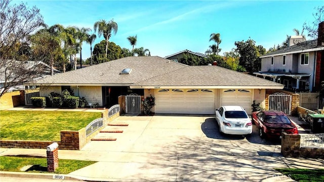 ranch-style house featuring a fenced front yard, a front yard, driveway, and a garage