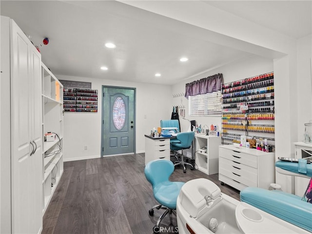 office space with recessed lighting, baseboards, and dark wood-style flooring