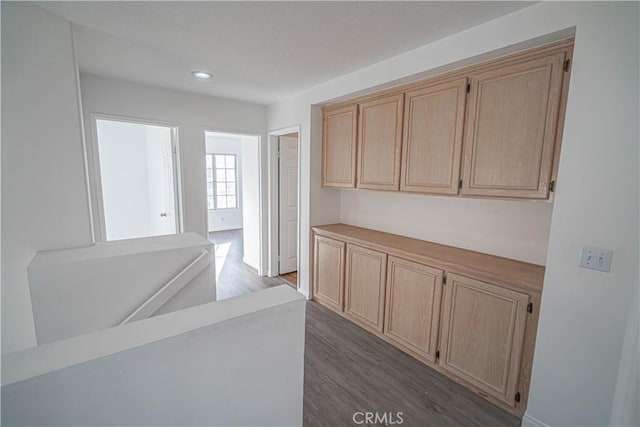 hall with dark wood-type flooring and recessed lighting