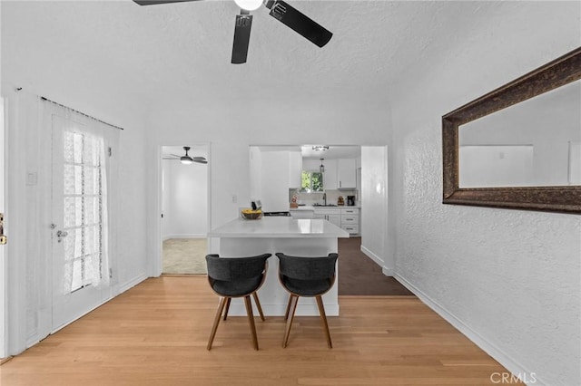 dining area featuring a textured ceiling, a textured wall, light wood finished floors, and a wealth of natural light