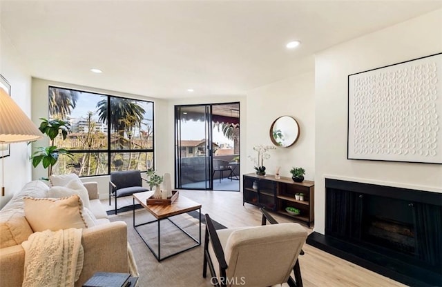 1745 Camino Palmero St Unit 537, Los Angeles, CA 90046 - living area featuring light wood-type flooring, recessed lighting, and a fireplace with raised hearth