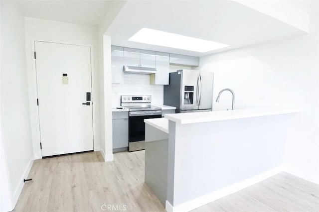 1745 Camino Palmero St Unit 537, Los Angeles, CA 90046 - kitchen with stainless steel appliances, under cabinet range hood, light wood-style flooring, light countertops, and backsplash