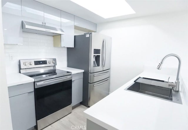 1745 Camino Palmero St Unit 537, Los Angeles, CA 90046 - kitchen with appliances with stainless steel finishes, under cabinet range hood, a sink, tasteful backsplash, and light wood finished floors