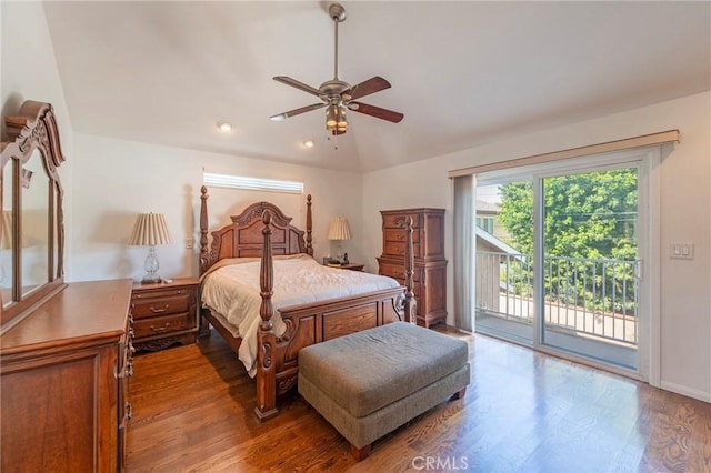 bedroom with access to exterior, recessed lighting, ceiling fan, and wood finished floors