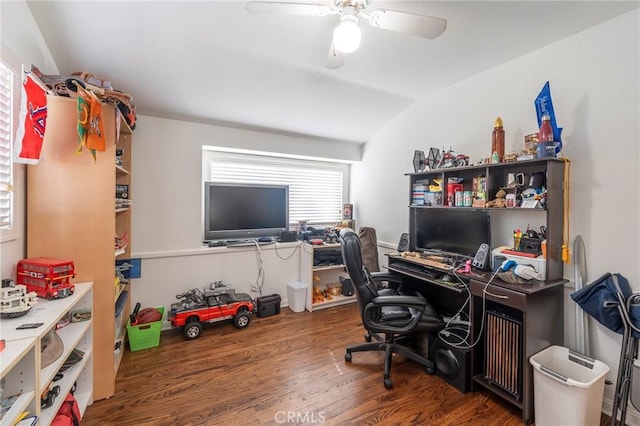 office featuring lofted ceiling, ceiling fan, and wood finished floors