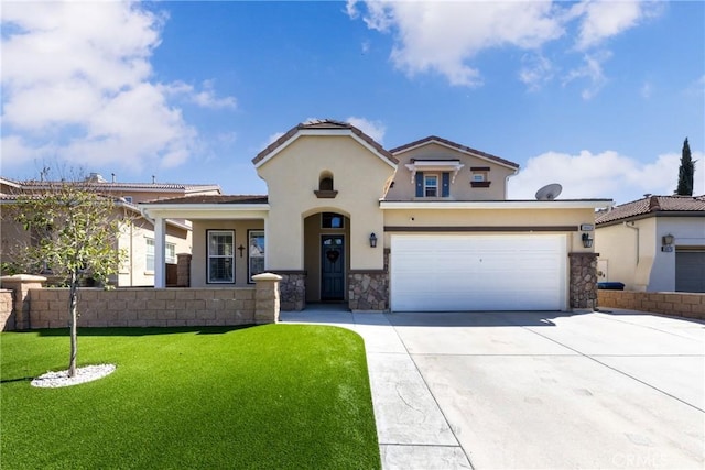 view of front of property with stucco siding, a garage, stone siding, driveway, and a front lawn