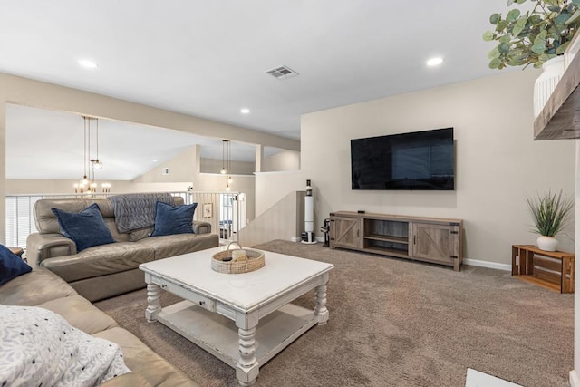 carpeted living room featuring baseboards, visible vents, vaulted ceiling, a chandelier, and recessed lighting