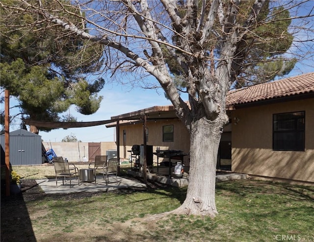 view of yard with a patio area, an outdoor structure, and a storage unit