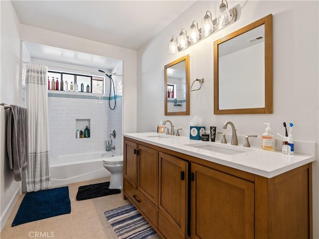 bathroom with double vanity, shower / bathtub combination with curtain, visible vents, and a sink