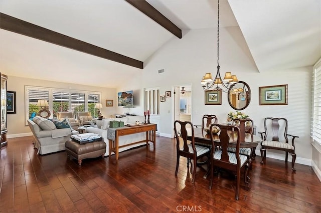 dining space featuring dark wood finished floors, high vaulted ceiling, a chandelier, beamed ceiling, and baseboards