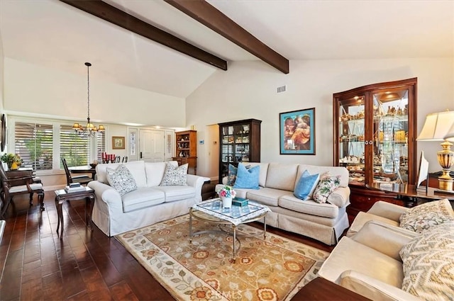 living room featuring visible vents, a chandelier, dark wood-style floors, high vaulted ceiling, and beam ceiling