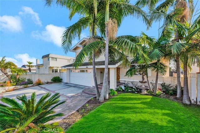 view of front of property featuring a garage, driveway, a front yard, and fence