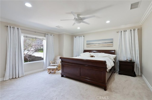 bedroom featuring recessed lighting, visible vents, ornamental molding, baseboards, and light colored carpet