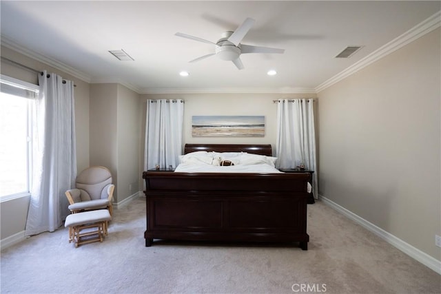 bedroom with light carpet, ornamental molding, visible vents, and baseboards